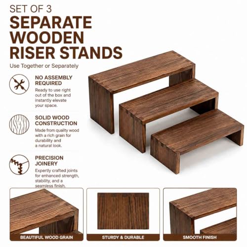 Set of 3 Wooden Display Risers, Tiered Display Stand, Shelf Risers for Table Display, Small Wood Display Shelf - color: Cranberry