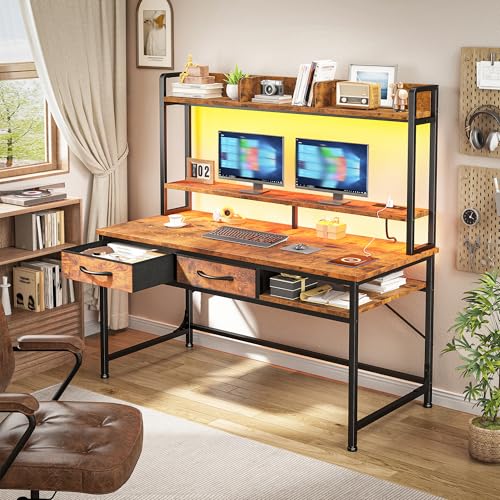 DurayLoly 39.4" Office Desk with Hutch&Drawers,Monitor Stand, LED Lights - color: Brown, size: 18.9"D x 39.4"W x 61.1"H