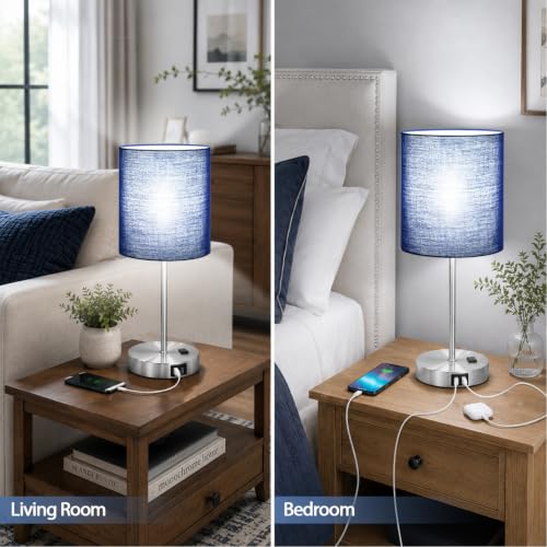 Set of 2 Touch Control Table Lamps with 2 USB & AC Outlet, 3-Way Dimmable Bedside Nightstand Lamps for Bedroom Living Room Nursery, 800 Lumens 5000K Daylight Bulbs Included - color: Navy Blue & Brushed Nickel