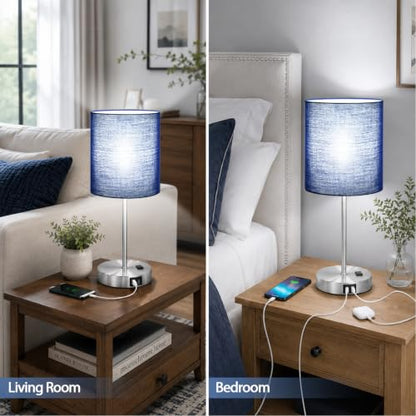 Set of 2 Touch Control Table Lamps with 2 USB & AC Outlet, 3-Way Dimmable Bedside Nightstand Lamps for Bedroom Living Room Nursery, 800 Lumens 5000K Daylight Bulbs Included - color: Navy Blue & Brushed Nickel