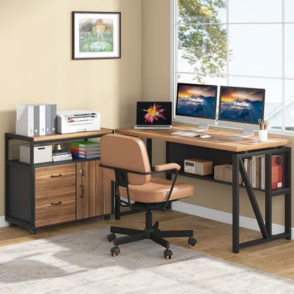 Tribesigns 55" Executive Desk with Reversible File Cabinet, Large L-Shaped Office Desk with Drawers, Business Furniture Workstation for Home Office (Dark Walnut, 55-inch) - color: Dark Walnut