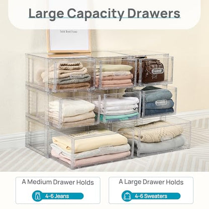 Vtopmart 8 Pack Large & Medium Stackable Storage Drawers Set | Easy Assembly Clear Plastic Storage Cabinet, Durable Dresser for Closet, Bedroom, Entryway, Playroom & Apartment Organization - style: 2pk L & 6pk M