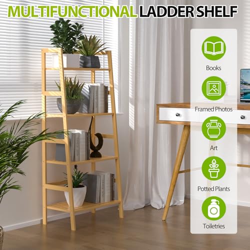 Bamboo Bookshelf, 4-Tier Ladder Shelf Freestanding Space Saver Open Bookcase Book Shelf, Bamboo Storage Shelving Unit Flower Plant Stand for Living Room, Bathroom, Home Office, Natural