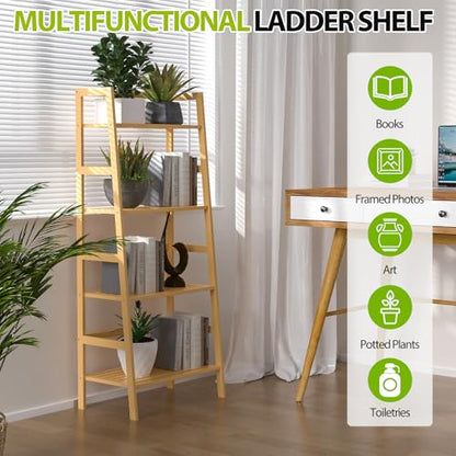 Bamboo Bookshelf, 4-Tier Ladder Shelf Freestanding Space Saver Open Bookcase Book Shelf, Bamboo Storage Shelving Unit Flower Plant Stand for Living Room, Bathroom, Home Office, Natural