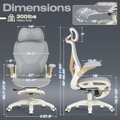 ELABEST X100 Ergonomic Mesh Office Chair with Footrest, Big and Tall Home Desk Chair with 5D Flip-Up Arms, Adjustable 3D Lumbar Support, Gaming & Executive Computer Chair (Foggy Morning) - color: Foggy Morning