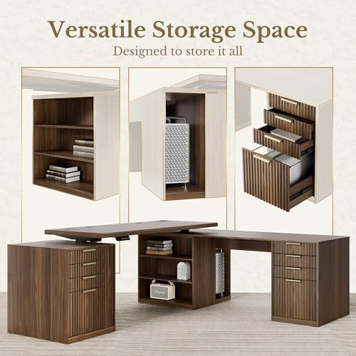 L Shaped Electric Standing Desk, 81'' x 68" Executive Height Adjustable Desk with Drawers and File Cabinet, AC/USB, Fluted Computer Desk with Storage Shelves for Home Office, Black Walnut - color: Black Walnut
