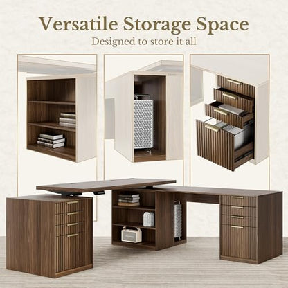 L Shaped Electric Standing Desk, 81'' x 68" Executive Height Adjustable Desk with Drawers and File Cabinet, AC/USB, Fluted Computer Desk with Storage Shelves for Home Office, Black Walnut - color: Black Walnut
