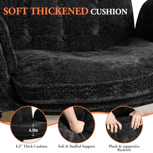 Criss Cross Chair with Footrest & 5 Level Folding Arms Full Relaxation, Wide Cross Legged Office Chair for Home Office, Comfy Swivel Desk Chair with Ottoman, Chenille Vanity Chair (Black) - color: Black, style: With Footrest