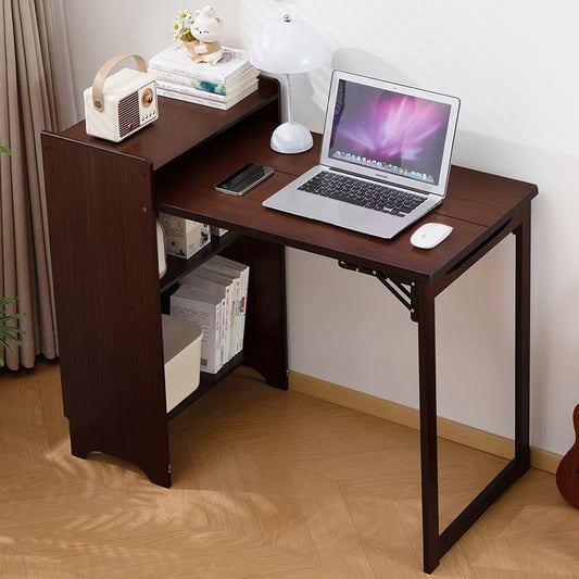 Bamboo Folding Desk with Storage for Small Spaces (Walnut) | Compact Computer Desk, Space Saving Writing Desks, Pull Out Murphy Table for Home Office Bedroom Dorm Room - color: Walnut