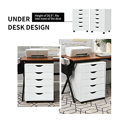 Giantex 5-Drawer Vertical File Cabinet, Mobile Office Storage Cabinet with Drawers, Large Capacity, 2 Lockable Casters and Universal Wheels, Under Desk Side Printer Stand Rolling File Cabinet (White) - color: White