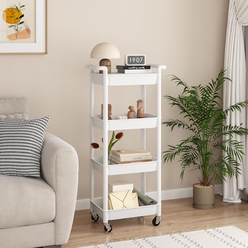 MIOCASA Utility Rolling Cart with Detachable Tray Top, 4-Tier Kitchen Storage Organization, Art Cart with Wheels for Office, Classroom, Livingroom, Kitchen, Bathroom (White, 4-Tier-Plastic) - size: 4-Tier, style: White