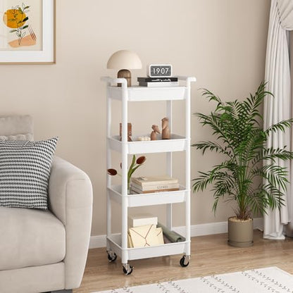 MIOCASA Utility Rolling Cart with Detachable Tray Top, 4-Tier Kitchen Storage Organization, Art Cart with Wheels for Office, Classroom, Livingroom, Kitchen, Bathroom (White, 4-Tier-Plastic) - size: 4-Tier, style: White