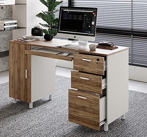 Modern Design Venice Computer Desk with Lockable Drawers, 53 Inch Home Office Desk with Storage Cabinet, Keyboard Tray & Cable Management, Modern Study Writing Desk for Small Spaces, Walnut and White - color: Walnut White