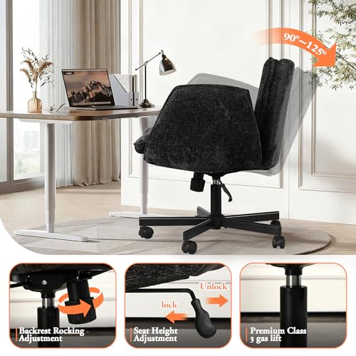 Criss Cross Chair with Wheels & Arms, Chenille Cross Legged Office Chair with 5-level Folding Armrest, Comfortable Adjustable Swivel Vanity Chair for Home, Make Up, Bed Room, Office, Accent (Black). - color: Black, style: Modern