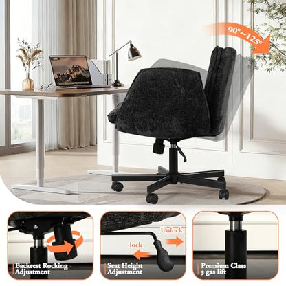 Criss Cross Chair with Wheels & Arms, Chenille Cross Legged Office Chair with 5-level Folding Armrest, Comfortable Adjustable Swivel Vanity Chair for Home, Make Up, Bed Room, Office, Accent (Black). - color: Black, style: Modern
