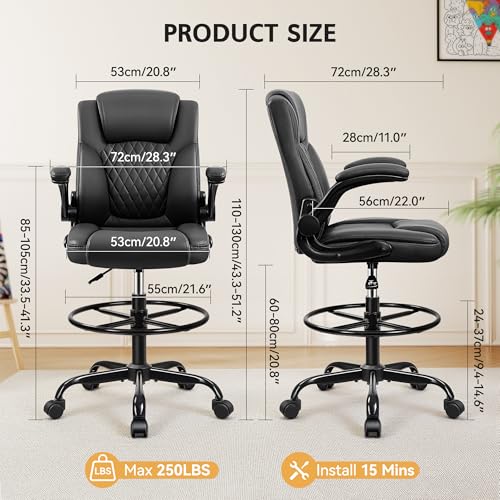 Drafting Chair, Tall Office Chair for Standing Desk, High Executive Leather Ergonomic Computer Chair with Adjustable Height and Flip-Up Armrest for Counter Height Desk, Black, Pack of 1 - color: Black