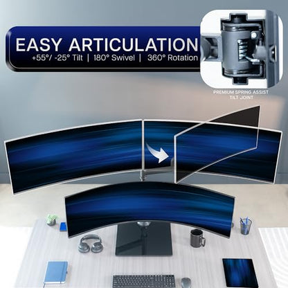 VIVO Pneumatic Arm Triple Ultrawide Monitor Desk Stand for Up to 49 inch Screens with Tempered Glass Base, Holds 3 Ultra Wides Up to 33 lbs Each, Black, STAND-V300FG - size: Triple Mount, style: Freestanding