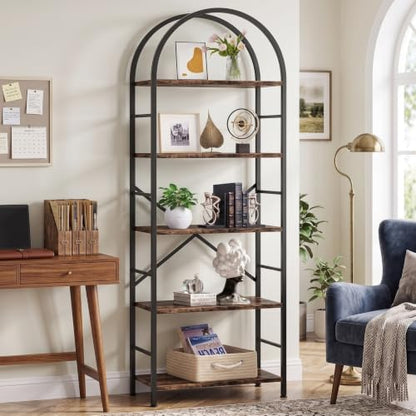 Vongrasig 5 Tier Arched Bookshelf, Industrial Tall Open Bookcase, Walnut - color: Walnut With Arched Top