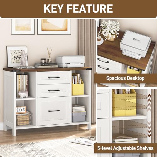 Vabches File Cabinet with 3 Drawers, Farmhouse Lateral File Cabinet Fits Files Letter/A4 Size, Wooden Filing Cabinet with Adjustable Shelves Printer Stand for Home Office, White - color: White and Brown