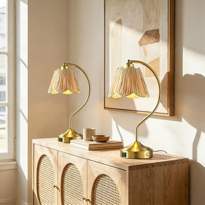 Set of 2 Boho Rattan Small Touch Table Lamps with USB C+A Ports | Bedroom Farmhouse Lamp and Retro Rattan Shade for Living Room Entryway Office, LED Bulbs Included - color: Brass