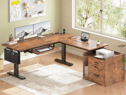 SEDETA L Shaped Electric Standing Desk with File Cabinet, 63 x 53'' Height Adjustable Home Office Computer Desk with 3 Drawers, Power Outlet, Stand up Gaming Table with Led Lights, Rustic Brown - color: Rustic Brown, size: 63 x 53'' L Shaped Standing Desk