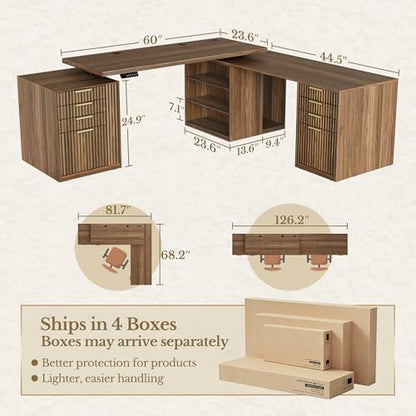 L Shaped Electric Standing Desk, 81'' x 68" Executive Height Adjustable Desk with Drawers and File Cabinet, AC/USB, Fluted Computer Desk with Storage Shelves for Home Office, Black Walnut - color: Black Walnut