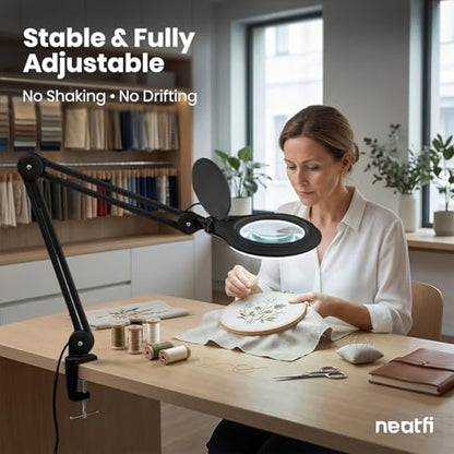 Neatfi LED Bifocal Magnifying Lamp 1,200 Lumens – 5” Glass Lens, Dual Magnification 3X/6X, Dimmable Task Light | Adjustable Arm with Clamp | Crafting, Jewelry & Reading (8 Diopter + 20 Diopter, Black) - color: Black, size: 8 Diopter + 20 Diopter