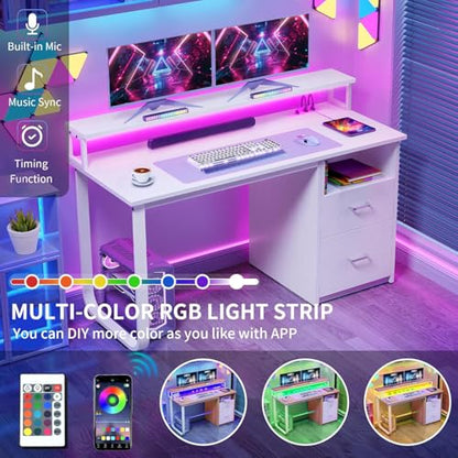DWVO 47" Office Desk with Drawers, Monitor Stand, Power & LED, White