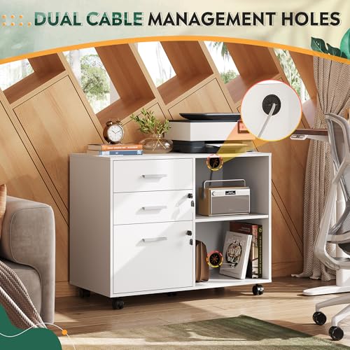 DEVAISE 3-Drawer File Cabinet with Lock, Mobile Wood Filing Cabinet, White | Rolling Printer Stand, Office Cabinet, Open Storage Shelves, Letter & A4 Compatible, Home Office, Under Desk Storage - color: White