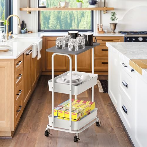 Simple Houseware 2-Tier Rolling Utility Cart Wood Top/Lockable Wheel, Gray | Metal Storage Organizer Trolley for Kitchen, Bathroom, Office, Craft Room - color: Grey