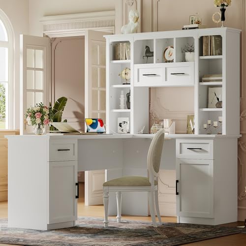 RuiSiSi L Shaped Offic Desk with Hutch and Drawers, Farmhouse Home Desk with Cabinets and Open Shelves, Wood Executive Desk for Study, Living Room, White - color: White, size: 65"L x 52"W x66.1"H