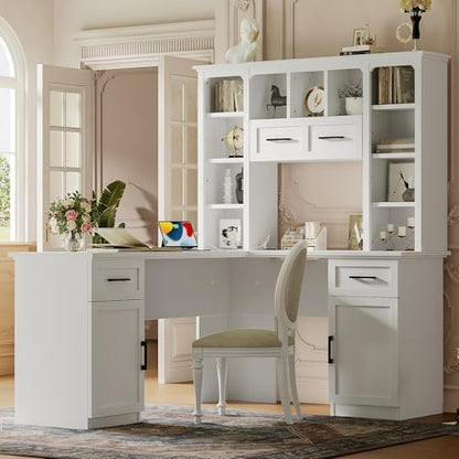 RuiSiSi L Shaped Offic Desk with Hutch and Drawers, Farmhouse Home Desk with Cabinets and Open Shelves, Wood Executive Desk for Study, Living Room, White - color: White, size: 65"L x 52"W x66.1"H