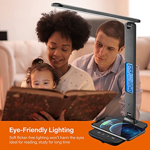 LED Desk Lamp with Wireless Charger, USB Charging Port, Table Lamp with Clock, Alarm, Date, Temperature, Desk Lamps for Home Office,Black - color: Black