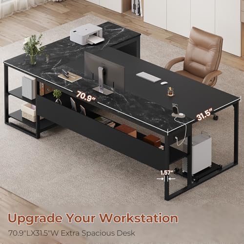 UPOSOJA 71" Executive Desk, L Shaped Office Desk with Widen File Drawers - color: Black, size: Widen Drawer