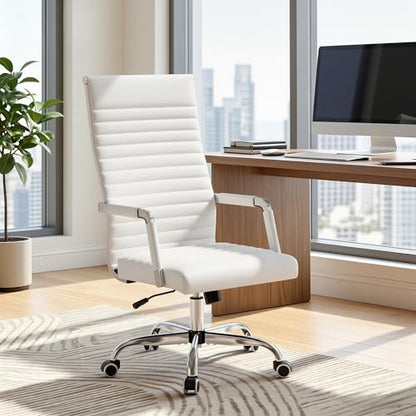 Furmax Ribbed Office Chair High Back PU Leather Executive Conference Chair Adjustable Swivel Chair with Arms (White) - color: White