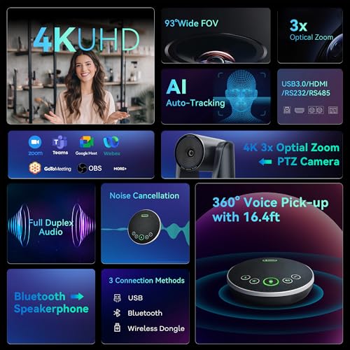 TONGVEO Conference Room Camera System 4K UHD 3X Optical Zoom 93° Ultra-Wide FoV USB3.0 PTZ Camera and Wireless Bluetooth Speakerphone with Microphones, Works with Zoom, OBS, Skype, Teams and More - color: Space