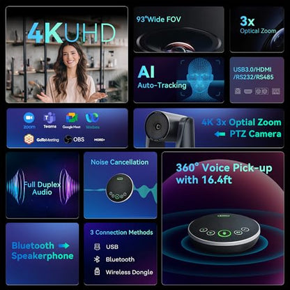 TONGVEO Conference Room Camera System 4K UHD 3X Optical Zoom 93° Ultra-Wide FoV USB3.0 PTZ Camera and Wireless Bluetooth Speakerphone with Microphones, Works with Zoom, OBS, Skype, Teams and More - color: Space