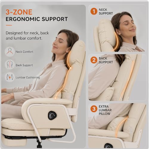 180° Reclining Office Chair with Footrest, PU Leather, Beige - color: Beige