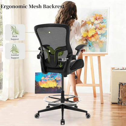 Drafting Chair, Tall Office Chair with PU Leather Seat, Standing Desk Chair Counter Height Office Chairs with 21.65'' Footrest Ring and Adjustable Lumbar Support Armrests Black