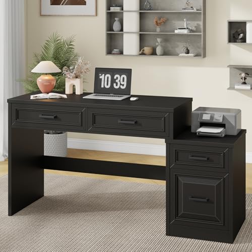 Vabches 61" Farmhouse Computer Desk with Storage and File Drawer, Black | Executive Desks with Printer Stand, Rustic Large Home Writing Desk for Home Office - color: Black