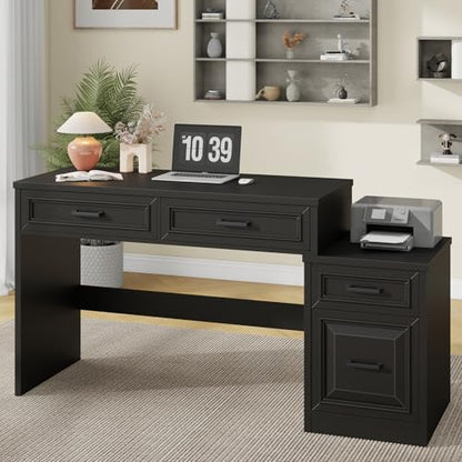 Vabches 61" Farmhouse Computer Desk with Storage and File Drawer, Black | Executive Desks with Printer Stand, Rustic Large Home Writing Desk for Home Office - color: Black