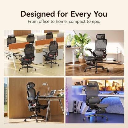 SIHOO B100 PRO Ergonomic Office Chair with Footrest, Mesh Office Chair with Adaptive Lumbar Support, Computer Chair with Wide Headrest, Desk Chair with 360° Rotatable Flip-Up Armrests, Black - color: Ebony
