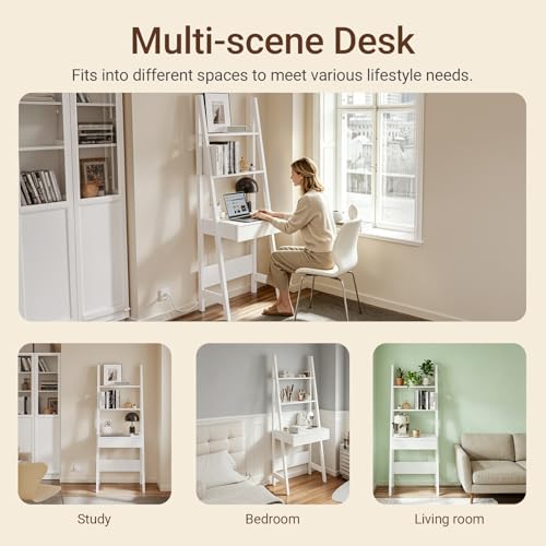 Haotian Ladder Desk with Power Outlet | Narrow Bookshelf Desk with Drawer and Shelves, Compact Secretary Desk for Small Spaces, Bedroom, Home, Office - size: Ladder Desk with Power Outlet