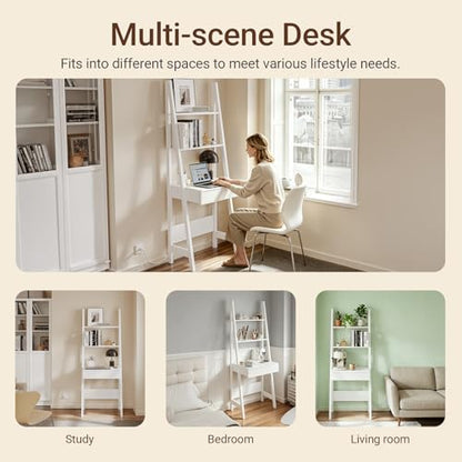 Haotian Ladder Desk with Power Outlet | Narrow Bookshelf Desk with Drawer and Shelves, Compact Secretary Desk for Small Spaces, Bedroom, Home, Office - size: Ladder Desk with Power Outlet