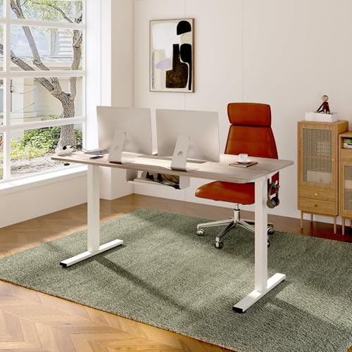 FLEXISPOT EN2 55"x28" Whole-Piece Standing Desk with Power Strip | Whole-Piece Desktop, Easy-Access Clamp Power Strip, Organized Cable Management, Modern Home Office Setup, Gray Wood Grain - color: Gray Wood Grain + White Frame, size: 55x28"