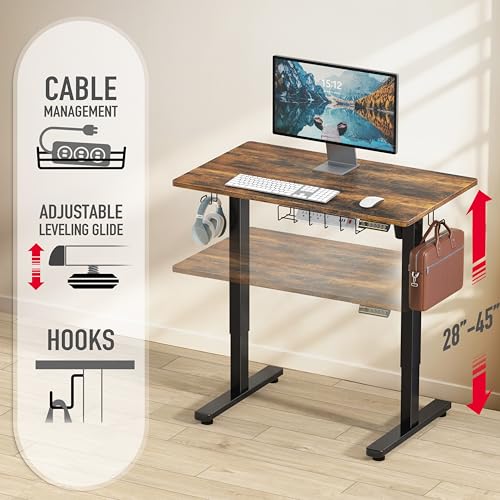 SHW 40 x 22 Inches Electric Height Adjustable Stand Desk, Rustic Brown | with Hanging Hooks and Cable Management, Black Frame and Rustic Brown Top - color: Rustic Brown, size: 40-Inch