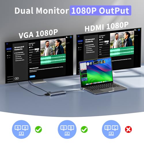 12-in-1 USB C Hub Laptop Docking Station, Dual Monitor Display HDMI 4K@60Hz (Single Display), VGA 1080p (Shared Bandwidth), 100W PD, Ethernet, USB 3.0, SD, Audio, for MacBook, Dell, HP, Lenovo - color: Gray