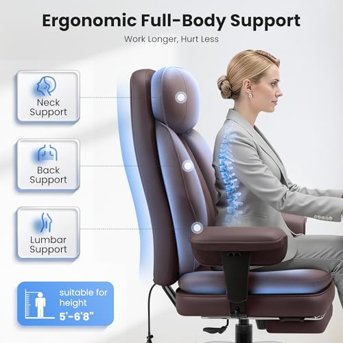 Big and Tall Office Chair with Lumbar Support Ergonomic Computer Desk Chair - color: Coffee
