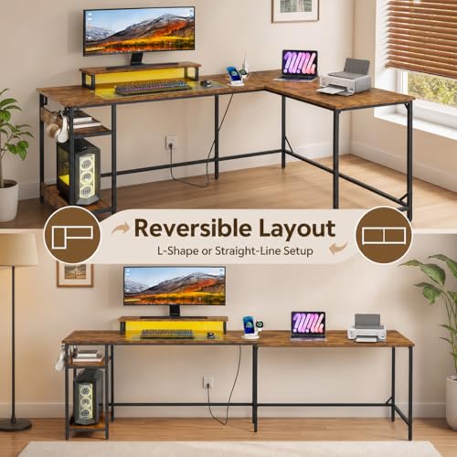 DEVAISE 60 Inch L Shaped Gaming Desk with LED Lights, Rustic Brown | Steel frame and engineered wood desktop with 2 AC outlets, 2 USB ports, monitor stand, and shelves for gaming setups - size: 60 Inch