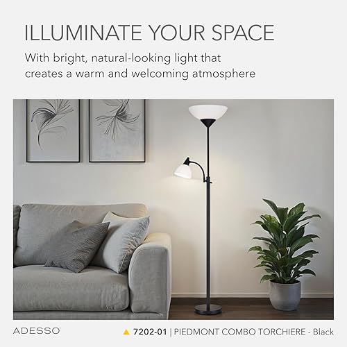 Adesso Floor Lamp, Black, Dual-Socket with Adjustable Reading Light, 71” - color: Black